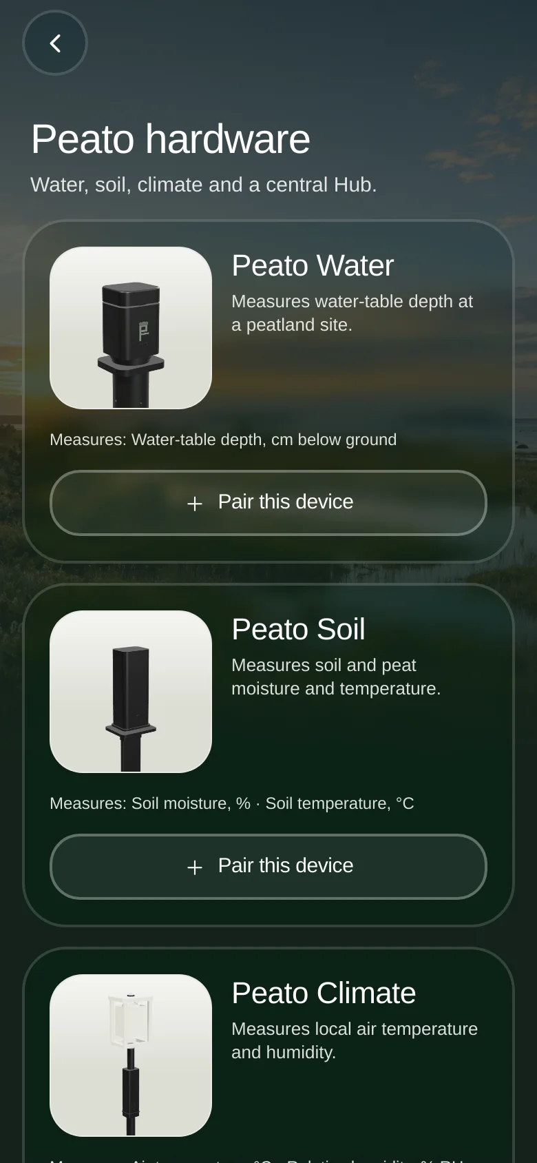 Peato hardware list in the app